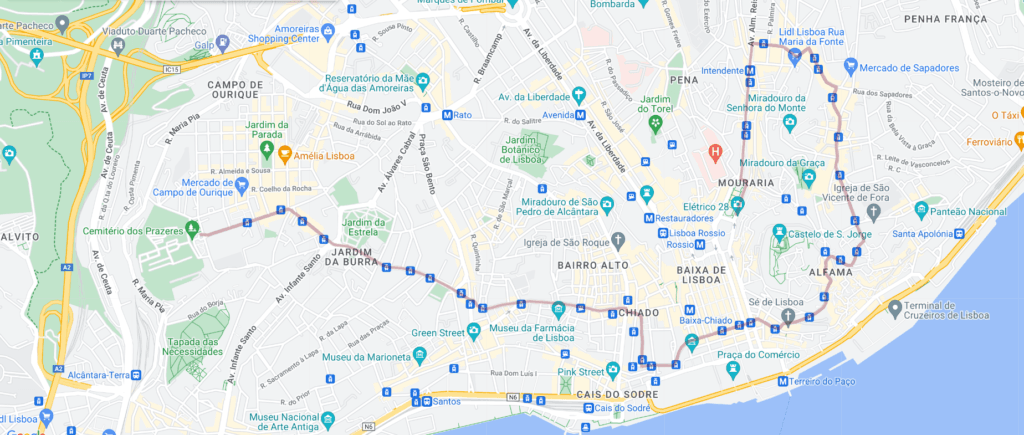 Plattegrond route tram 28 Lissabon